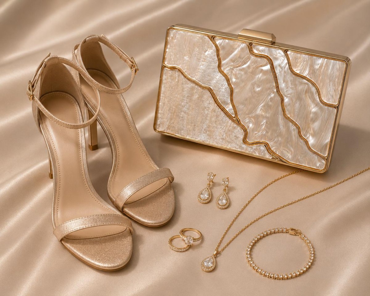 Wedding guest accessories jewelry clutch heels