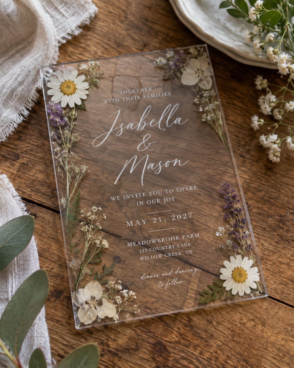 Acrylic invitation with pressed flowers