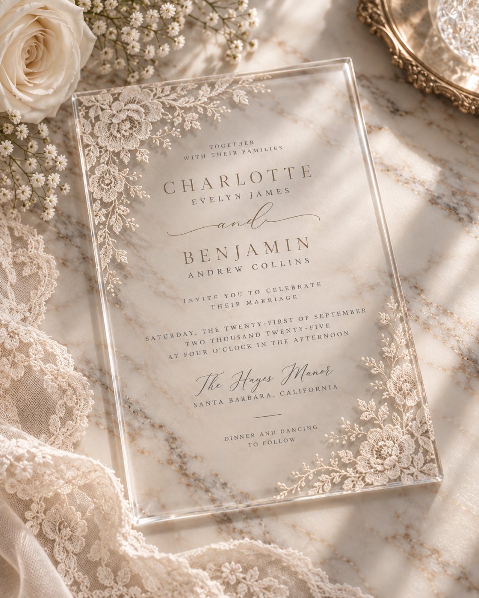 Acrylic invitation with vintage lace