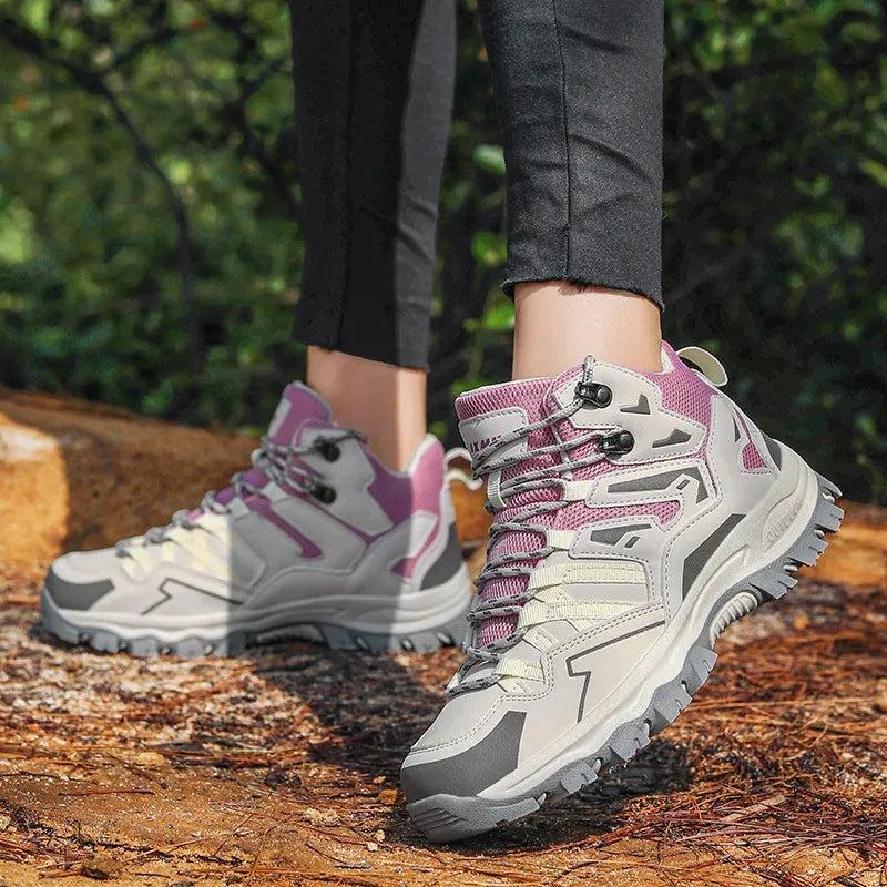 Lightweight hiking boots on forest trail