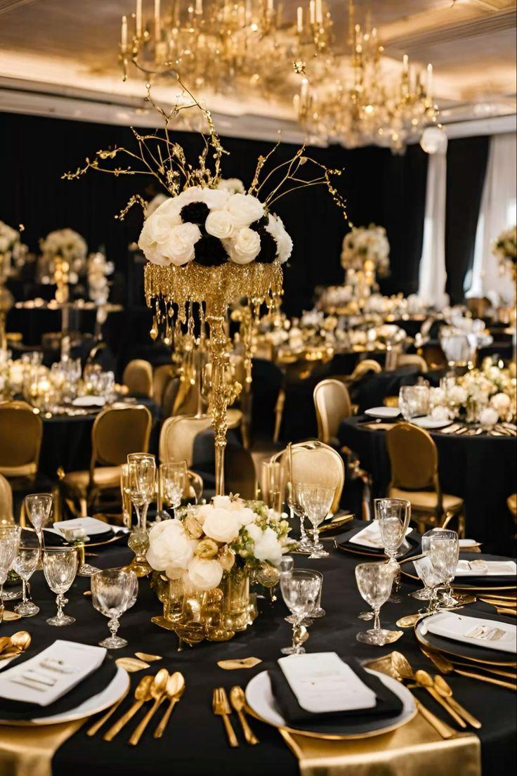 Black gold elegant wedding tablescape