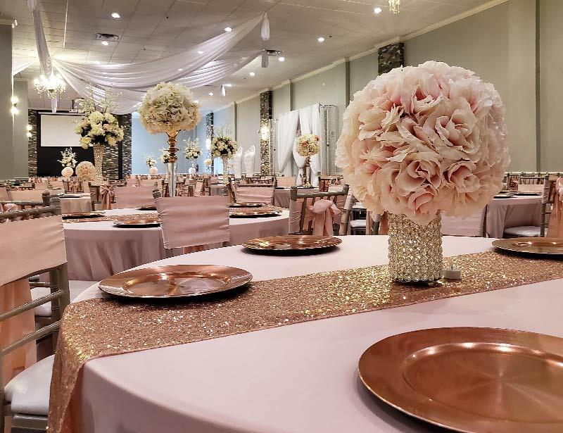 Blush rose gold wedding floral decor