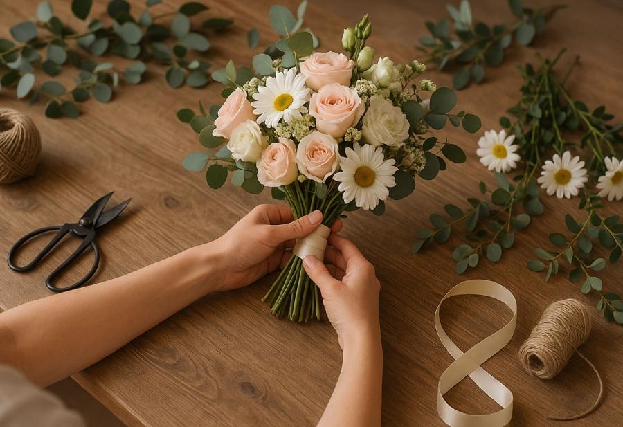 Hands creating budget-friendly DIY wedding floral arrangements