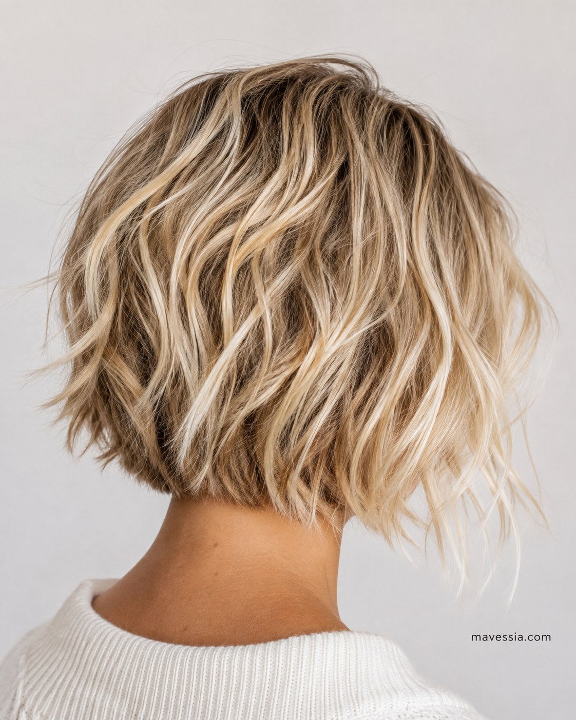 Back view of a chin-length choppy bob haircut showing point-cut, textured ends