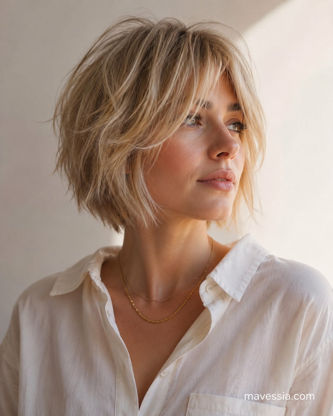 Shaggy choppy bob haircut with a wispy curtain fringe and layered movement