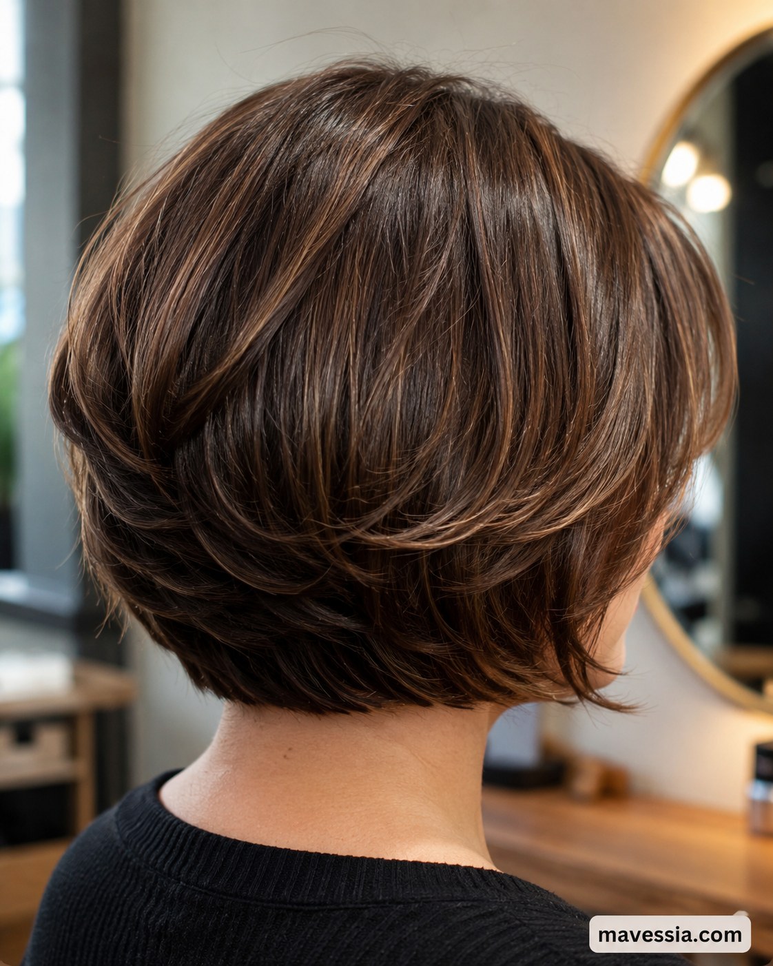 Back view of a glossy brunette choppy bob haircut with rounded, voluminous layers