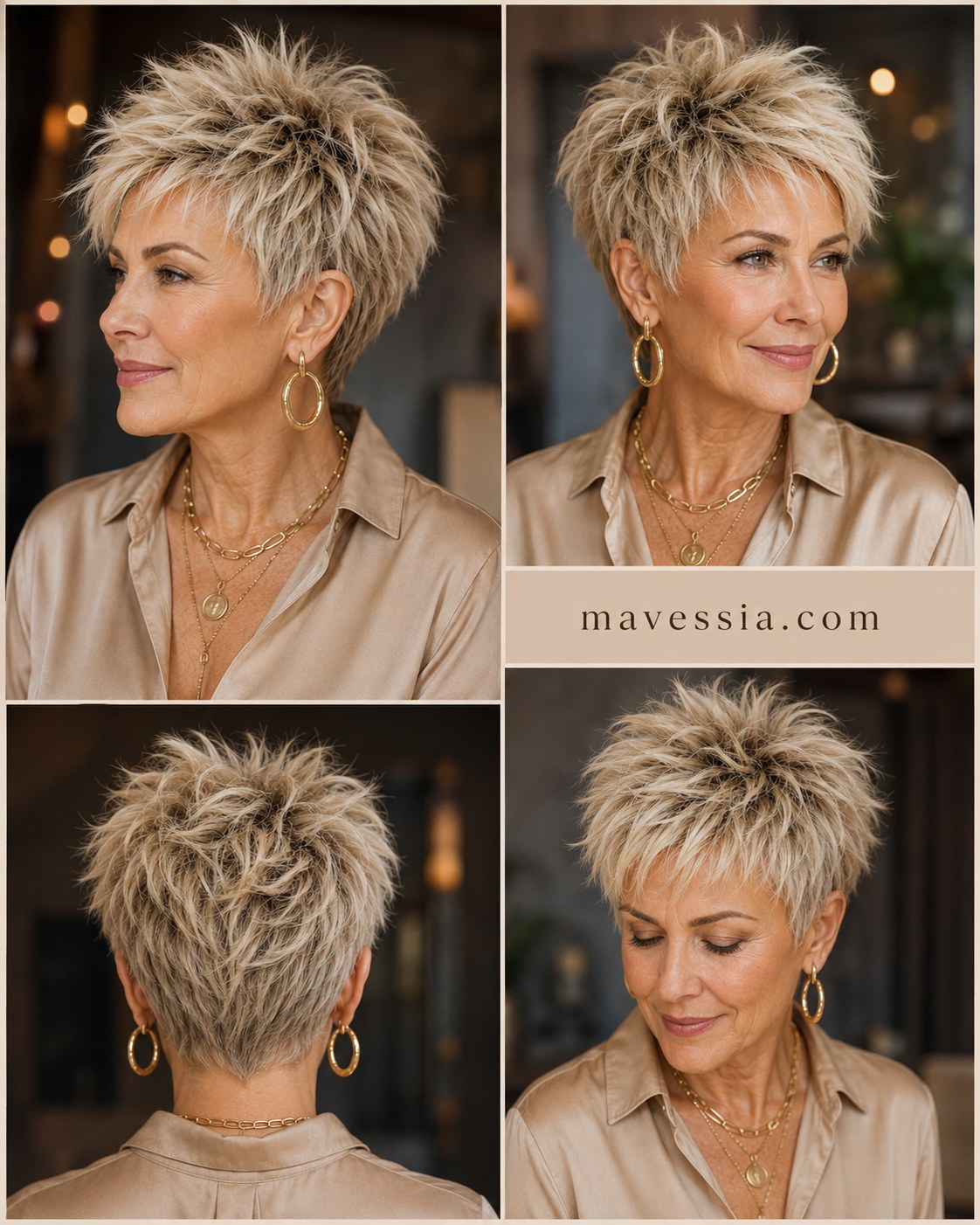 Four angles of a short choppy pixie-bob haircut styled with piecey, spiked layers