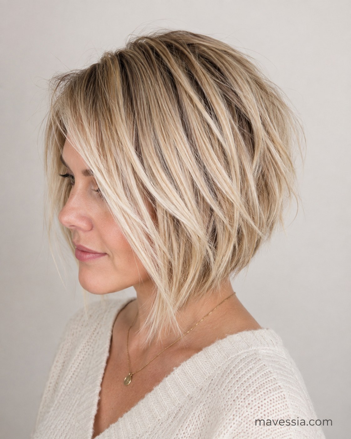 Angled choppy bob haircut shown in profile with graduated, blunt-cut ends