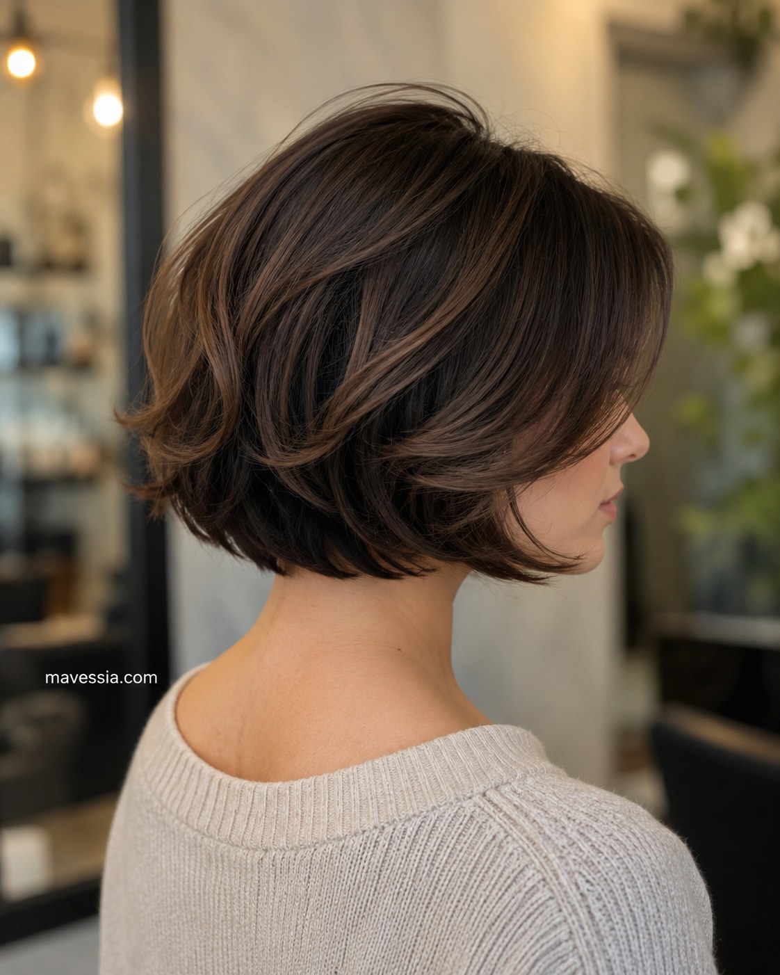 Side profile of a brunette choppy bob haircut with curled-under ends and balayage