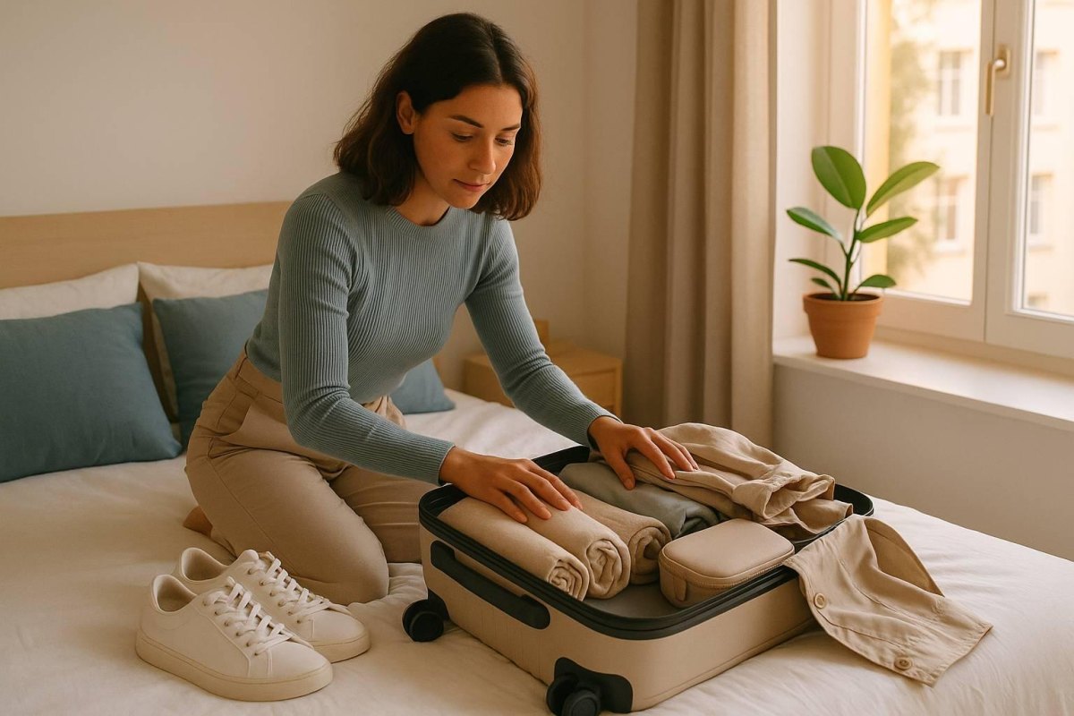 Woman packing travel clothes suitcase