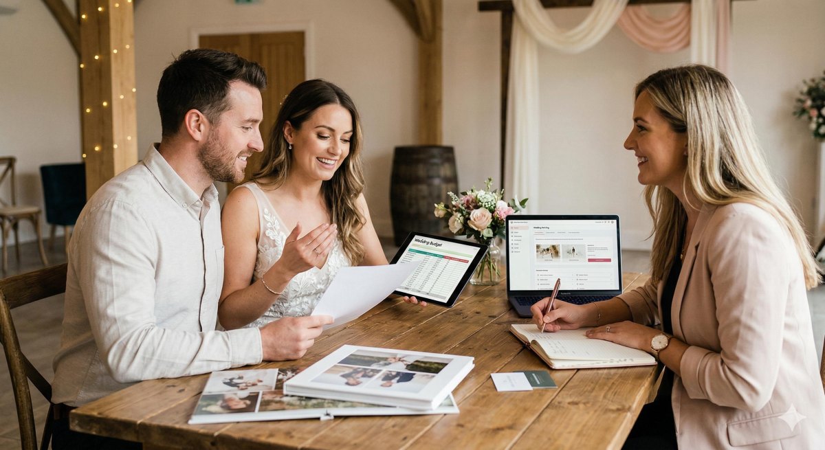 Couple comparing wedding vendors