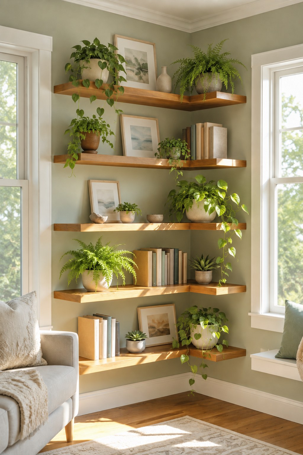 Sage green corner with floating wood shelves styled with plants and books beside a cozy reading sofa