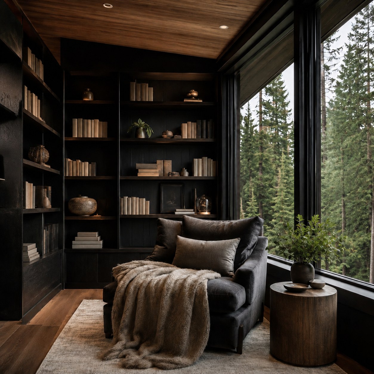 Moody cabin reading nook with black built-in bookshelves and a forest-view window beside a leather chair