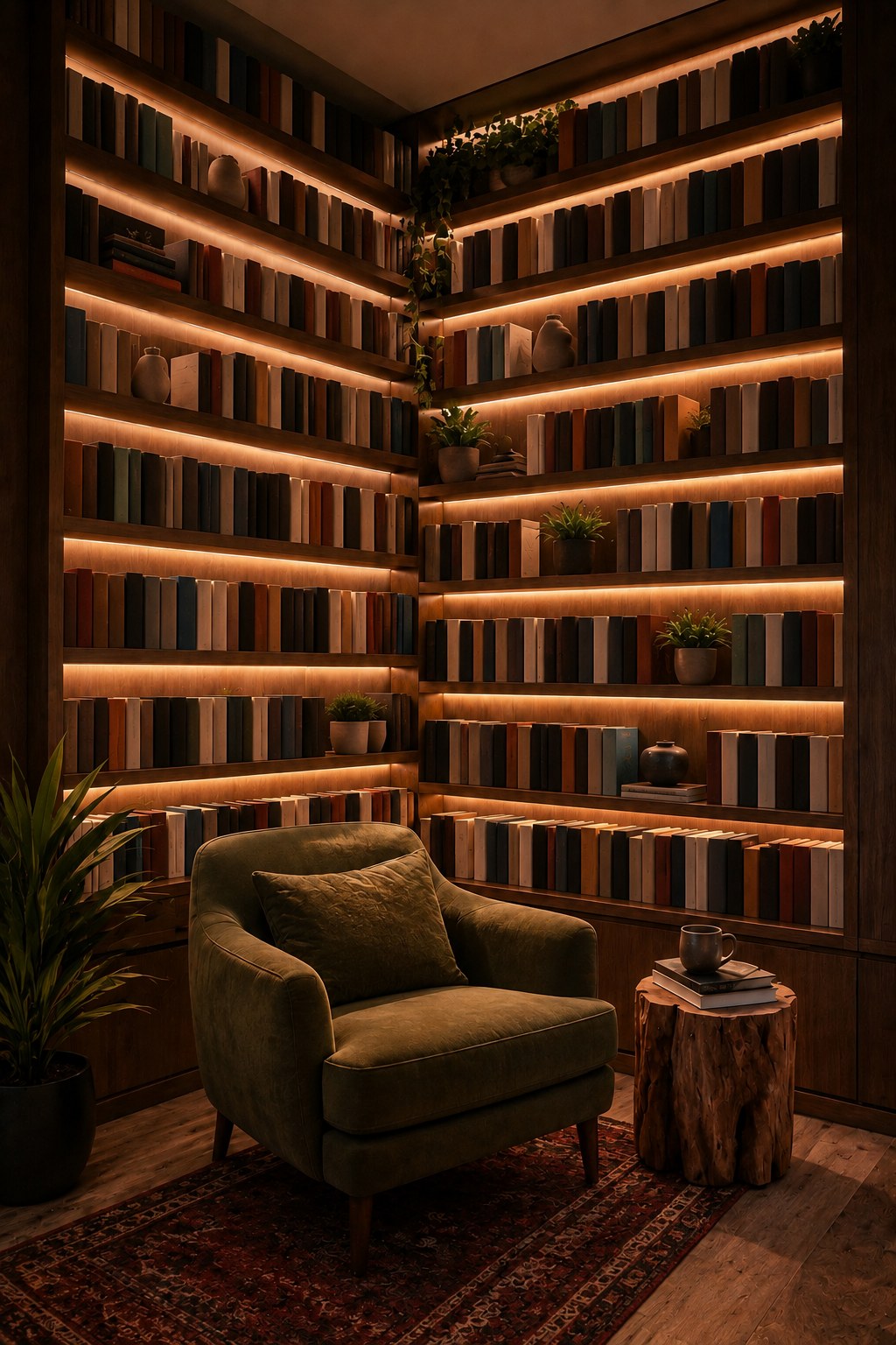 Backlit floor-to-ceiling bookshelf reading nook with a green velvet armchair and warm under-shelf lighting