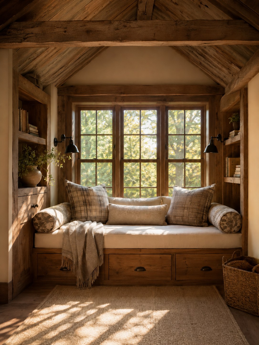 Rustic timber-framed window seat reading nook with plaid pillows and storage drawers beneath the bench