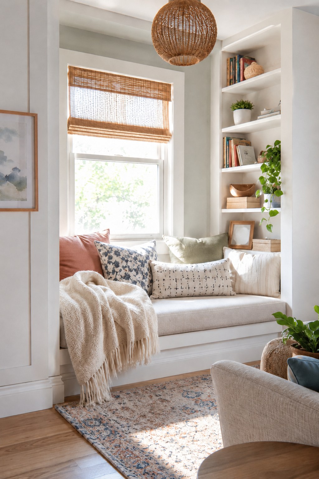 Bright bay window seat cozy reading nook with cushions, bamboo shade, and built-in bookshelves