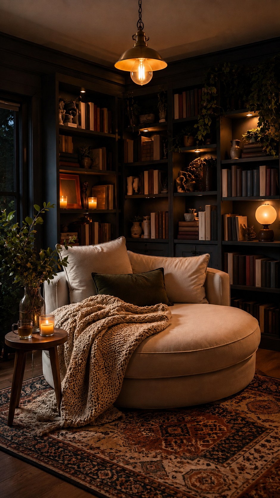 Oversized round chaise chair in a dark home library reading nook lit by a single warm pendant light