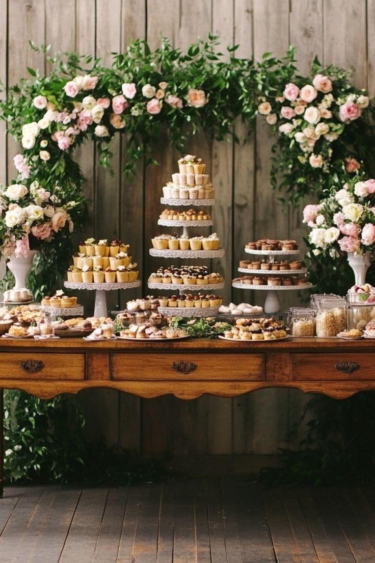 DIY dessert table wedding display with cakes and greenery