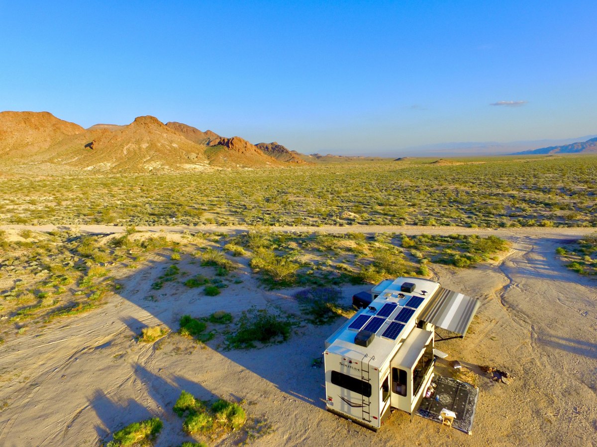 RV parked remotely for affordable camping lifestyle