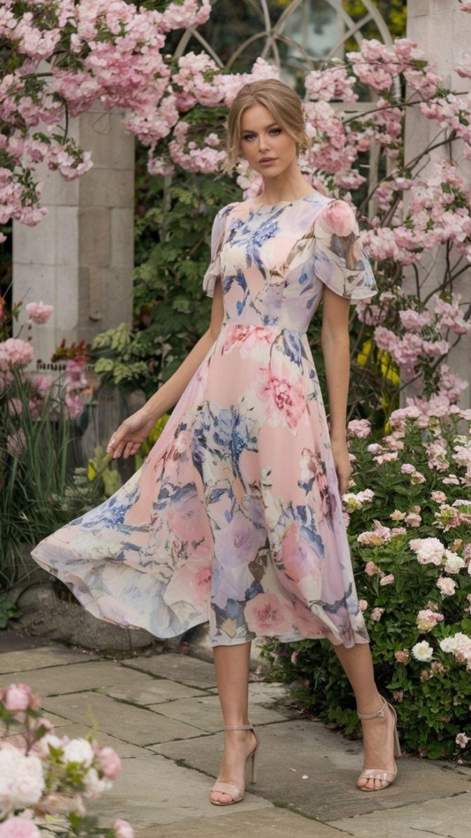 Floral wedding guest dress outfit
