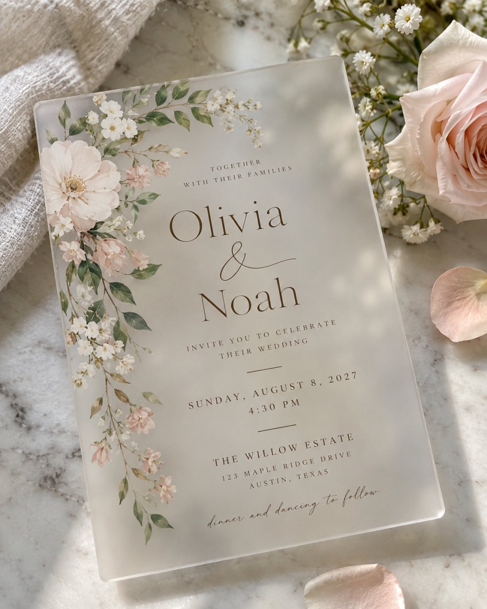 Frosted acrylic invitation with flowers