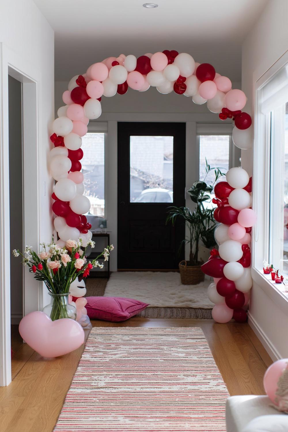 1. Blush-and-Cherry Entryway Arch for galentines party decor ideas ideas