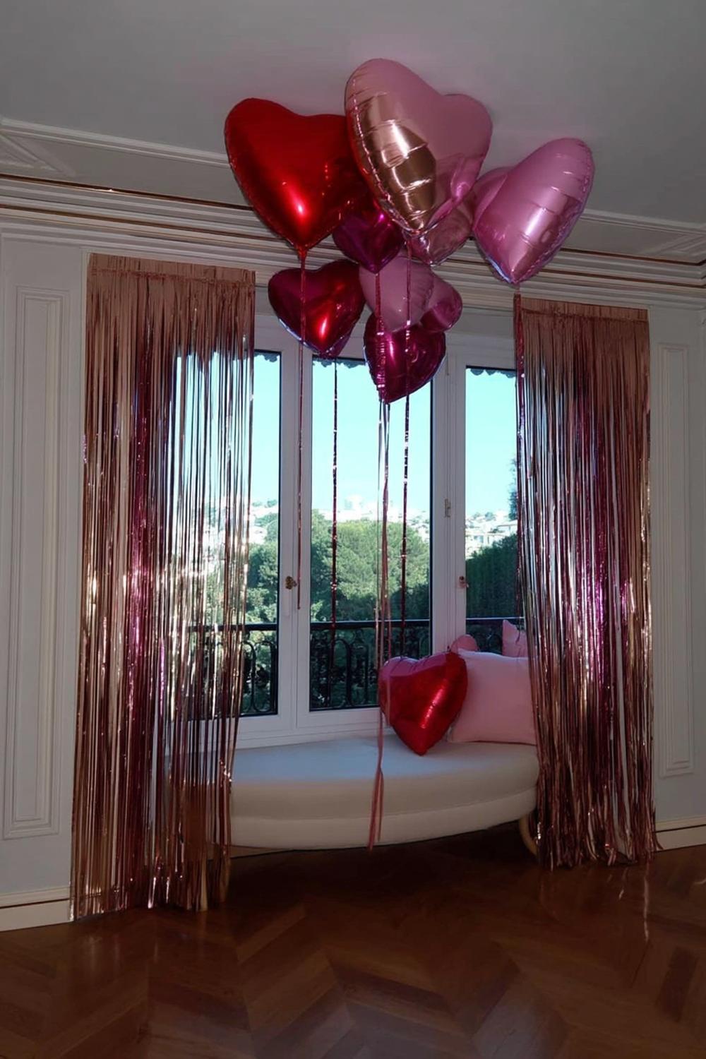 10. Romantic Window Draping with Sheer Ribbons for galentines party decor aesthetic ideas