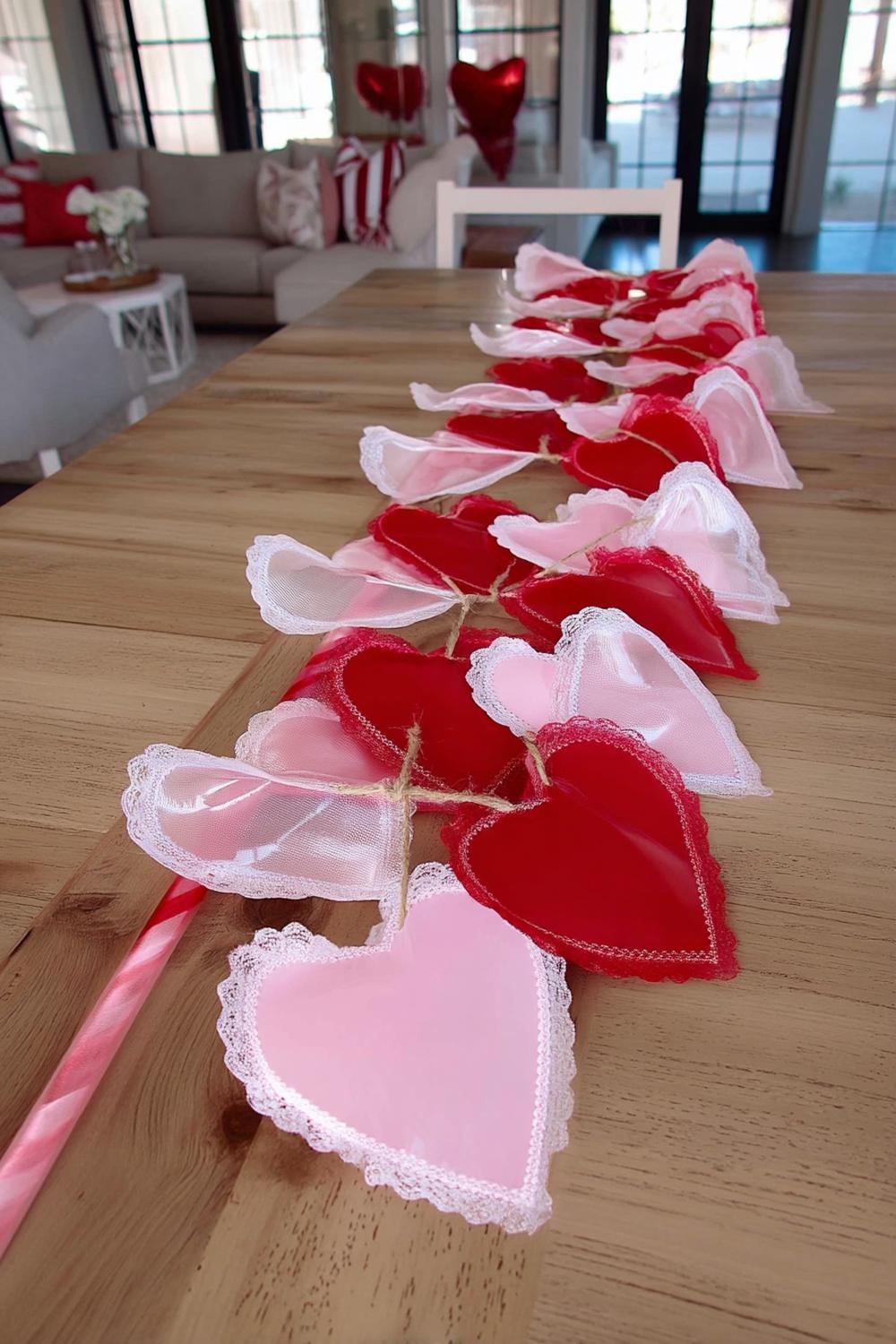 11. Handmade Heart Garland with Twine and Lace for galentines party decorations diy ideas