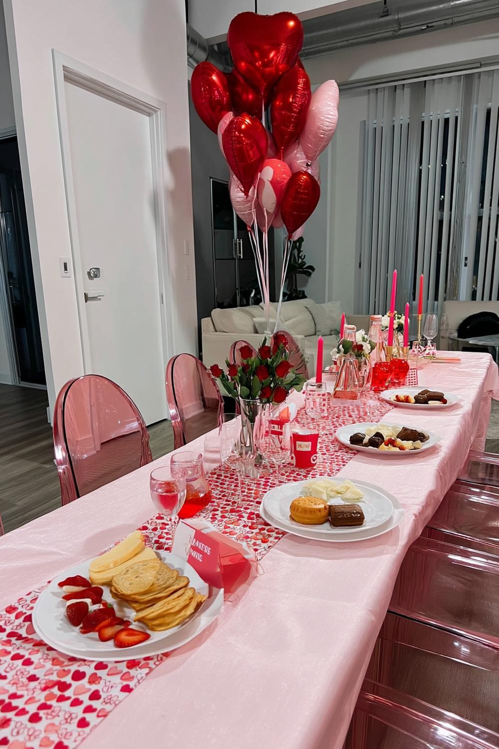 17. Single-Runner Dining Setup with Candles for galentines party decor simple ideas