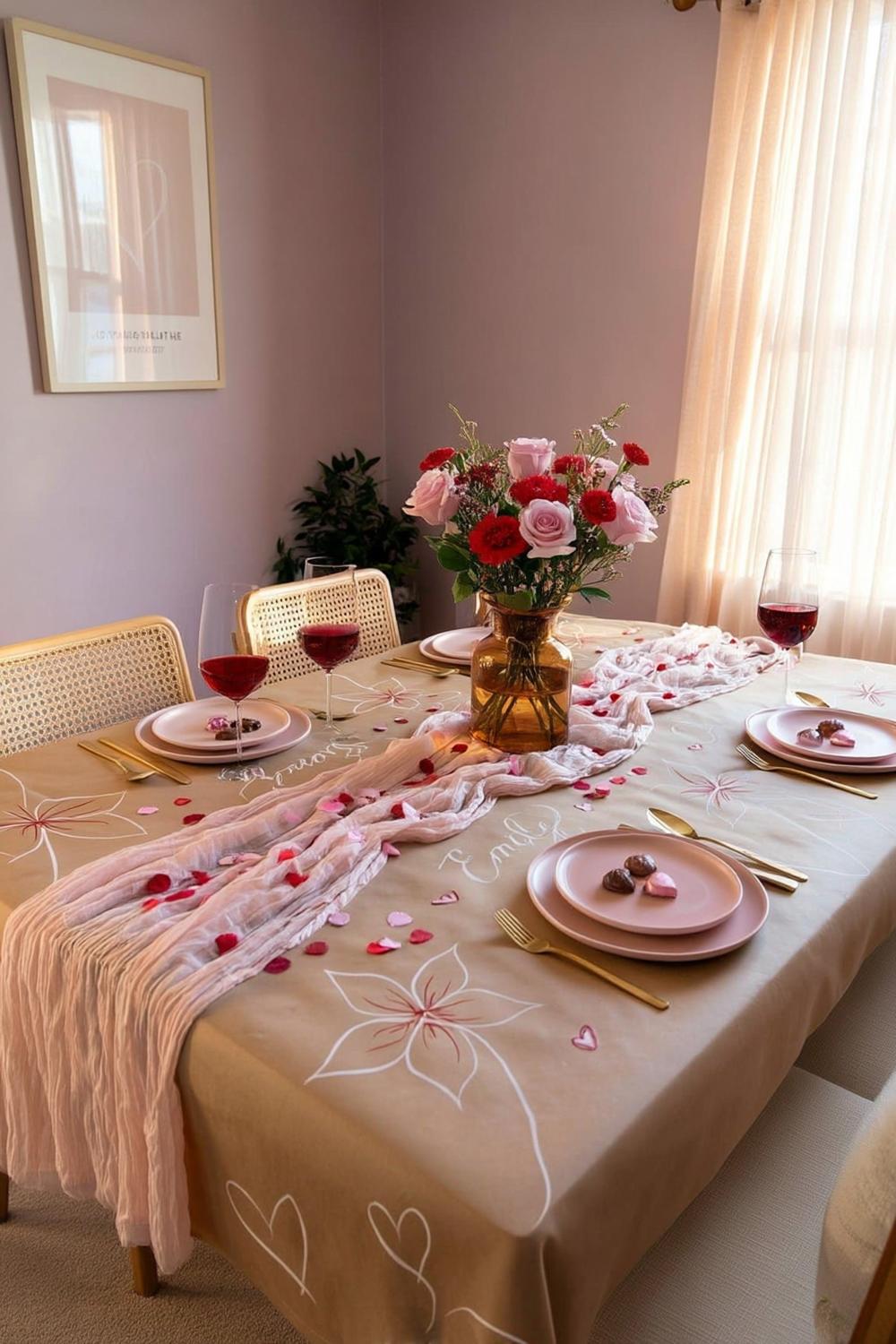 25. Pink Gingham Tablecloth with White Ceramic Hearts for galentines party decor table ideas