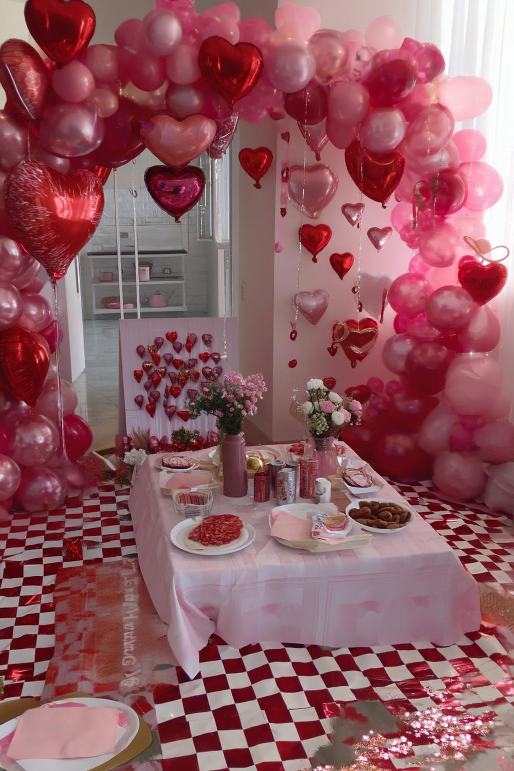 26. Retro Diner Pink Setup with Checker Accents for galentines party decor theme ideas