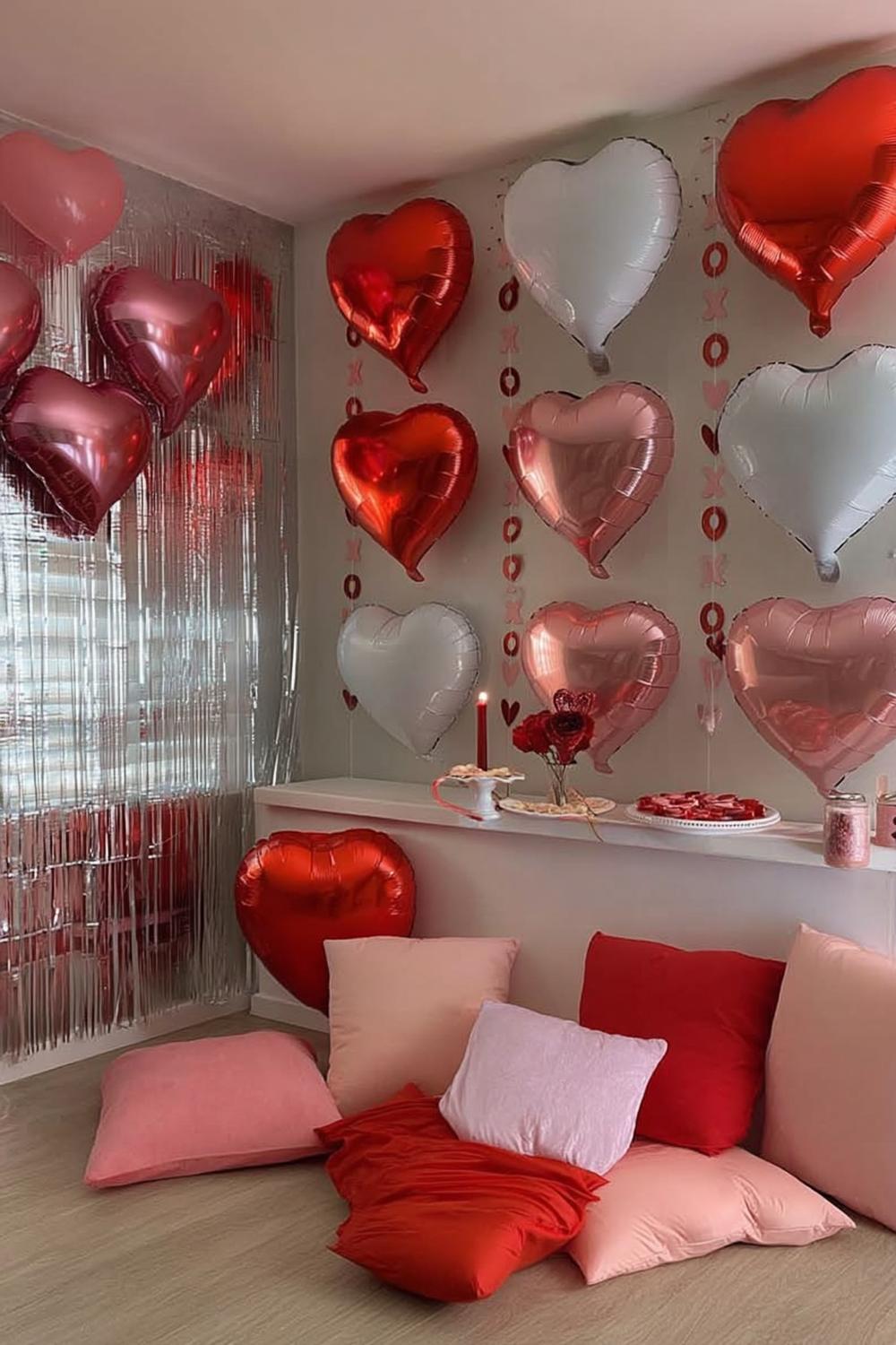 29. Disco Hearts Corner with Mirror Tiles for galentines party decor theme ideas