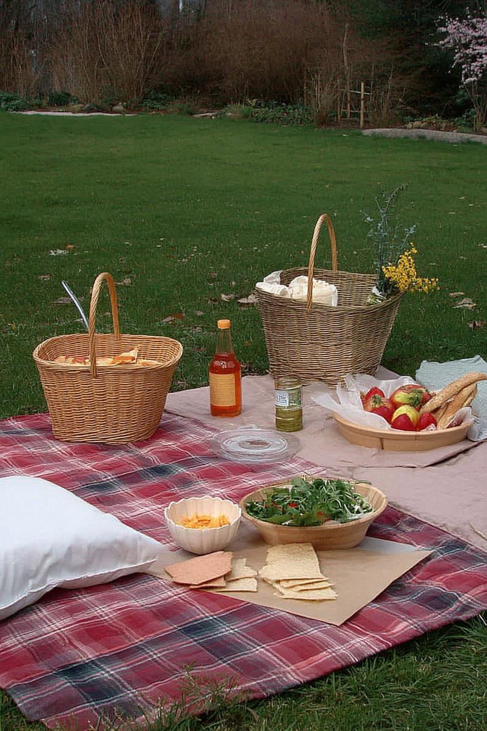 30. Garden Picnic Blanket Scene with Straw Baskets for galentines party decor theme ideas