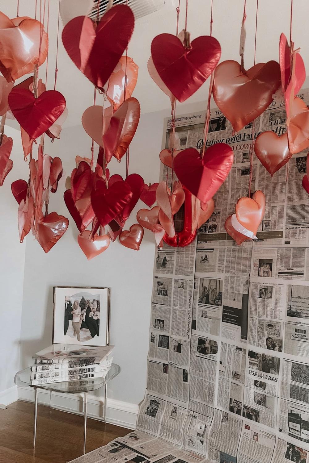 31. Quick Paper Heart Mobile Overhead for easy galentines party decor ideas