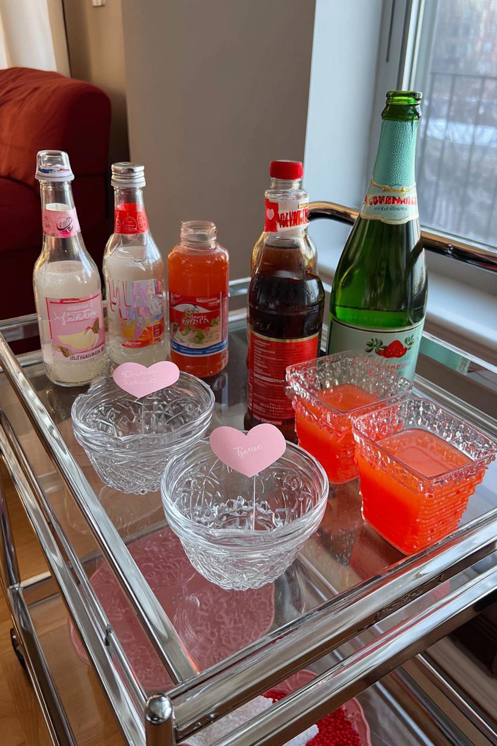33. Fast Bar Cart Glow-Up with Pink Labels for easy galentines party decor ideas