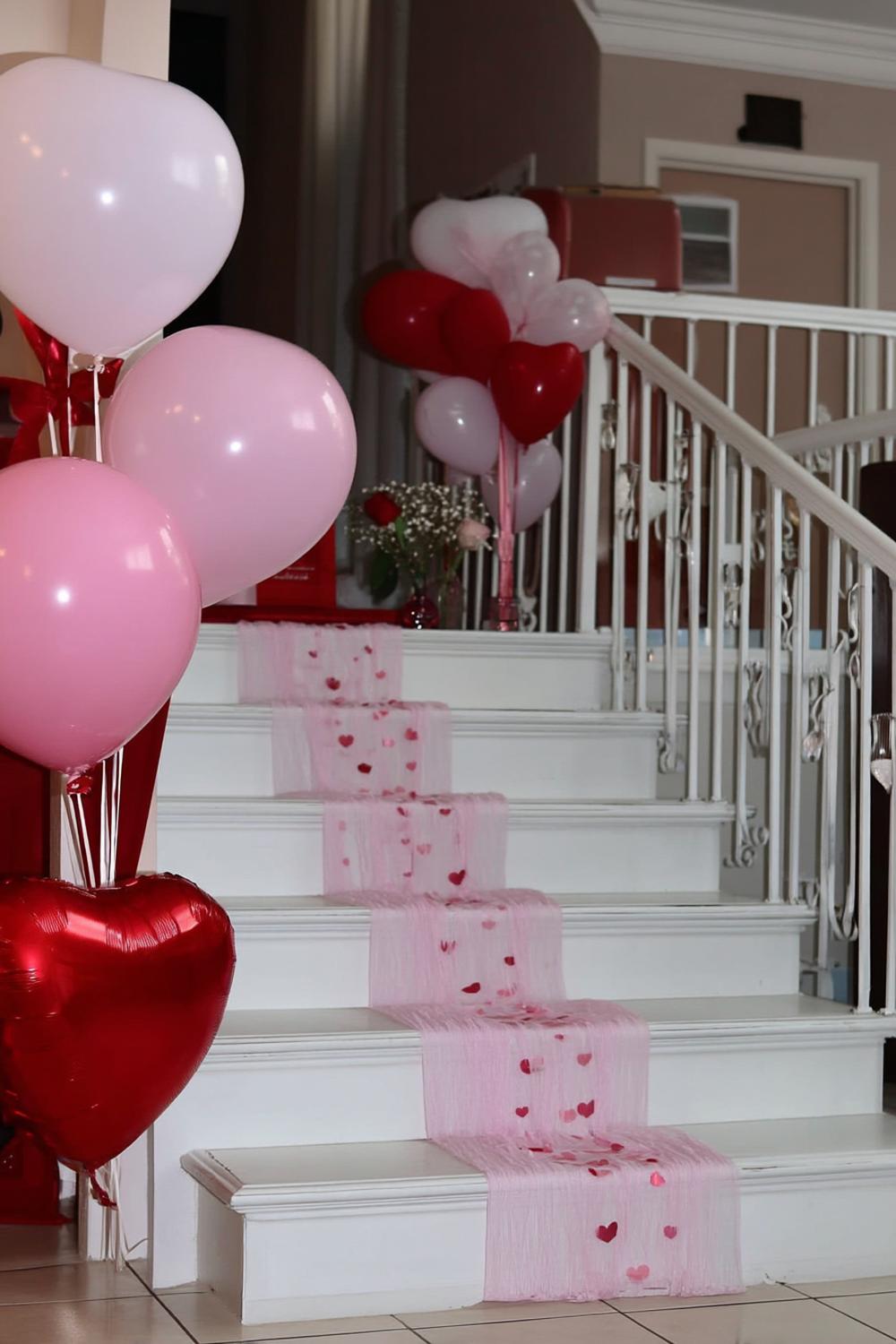 35. Simple Staircase Ribbon Wrap with Hearts for easy galentines party decor ideas