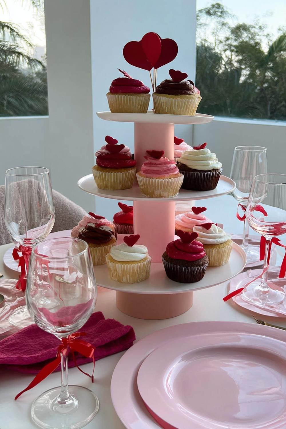 38. Cupcake Tower with Heart Toppers for galentines party decor food ideas