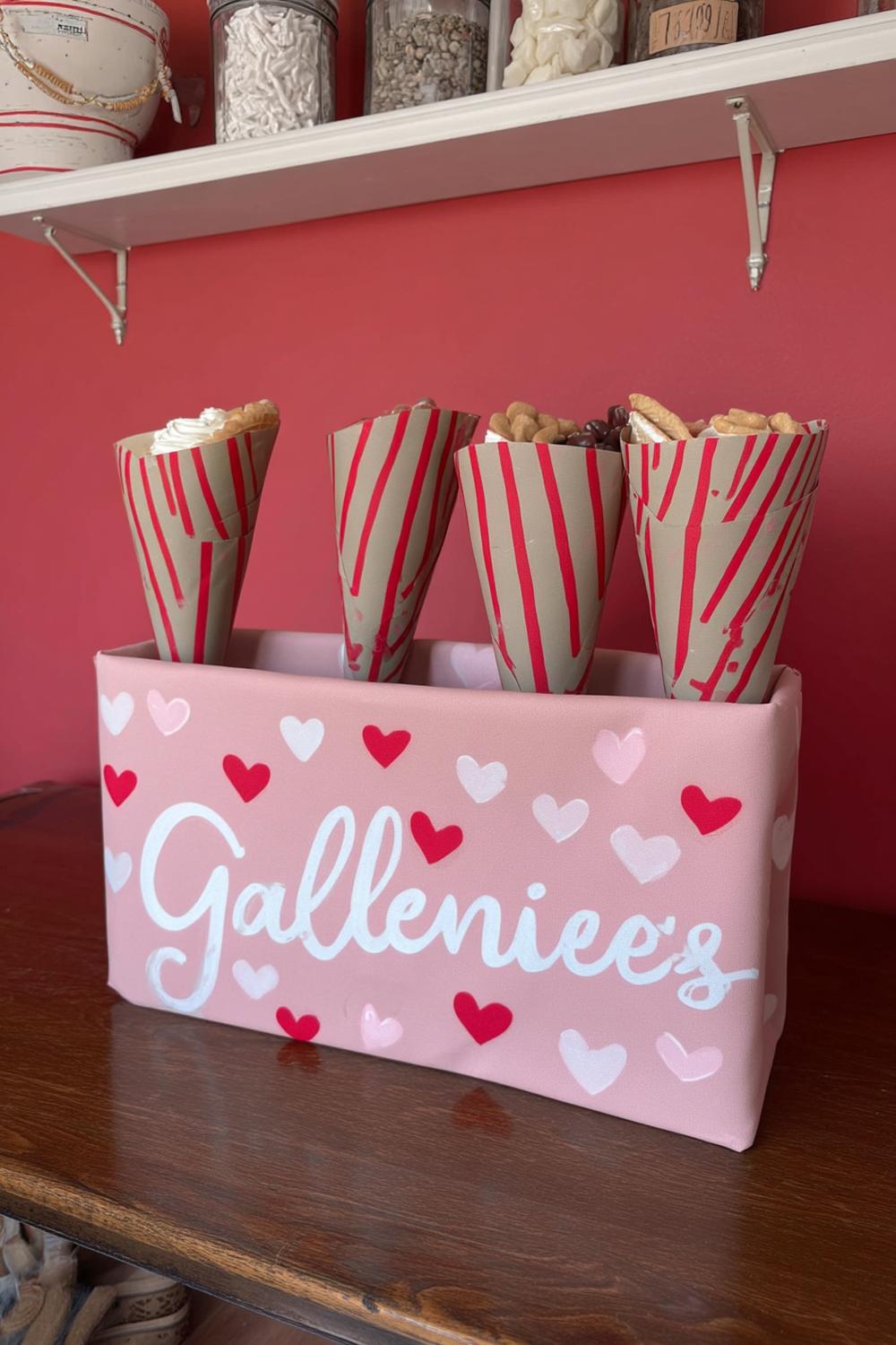 39. Charcuterie Cones Display in a Pink Stand for galentines party decor food ideas