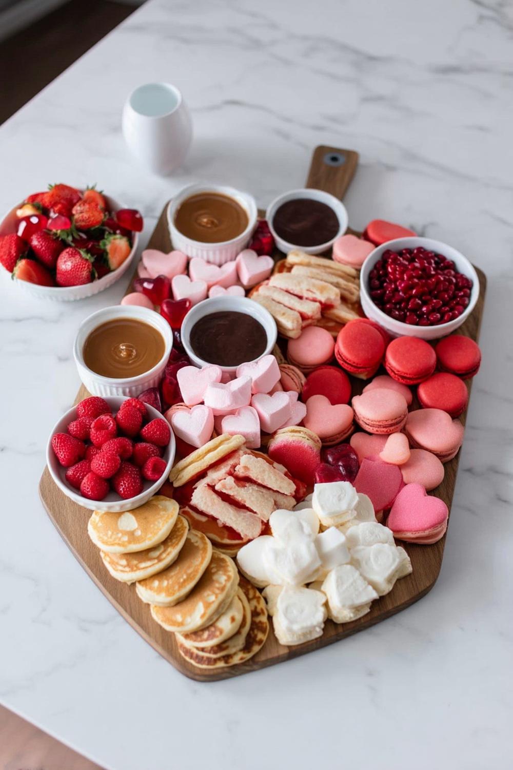 40. Heart-Shaped Pancake Brunch Platter for galentines party decor food ideas