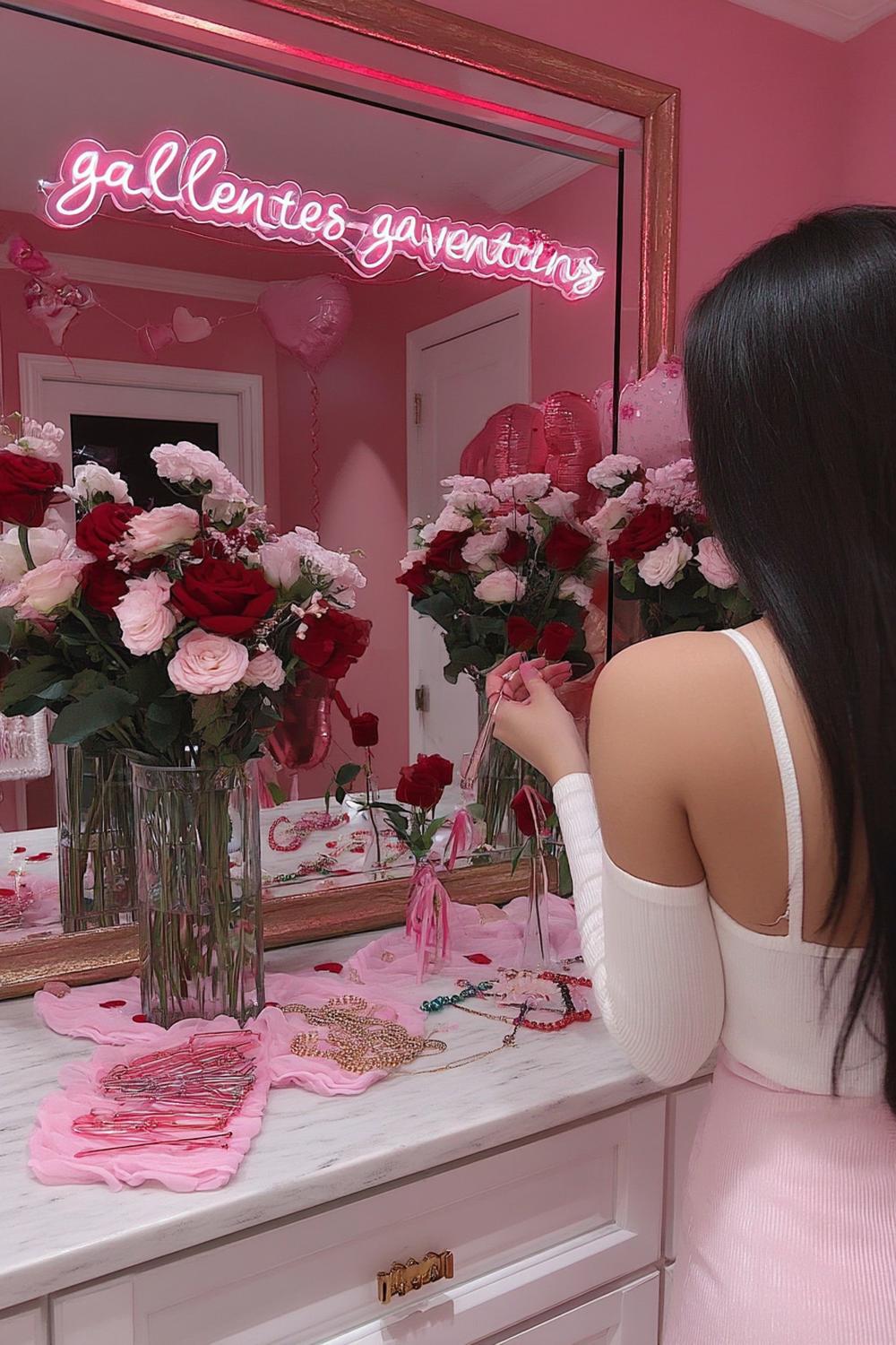 5. Pink Neon Quote Moment with Florals for galentines party decor ideas ideas