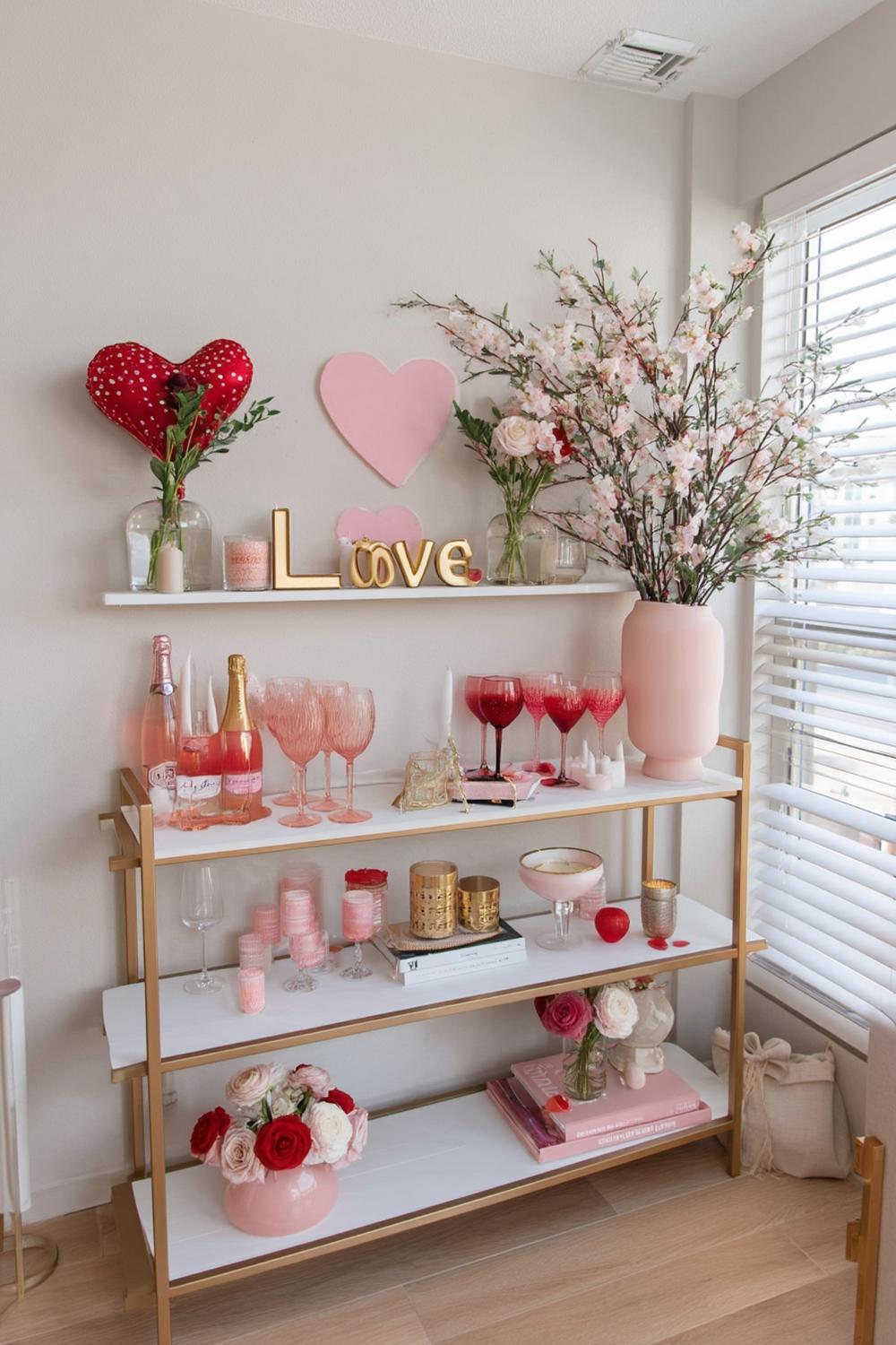 8. Candlelit Shelfie Corner with Pink Glassware for galentines party decor aesthetic ideas