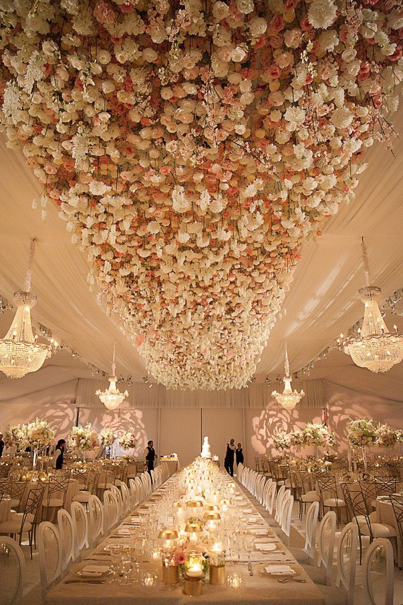 Ceiling flower wedding reception decorations overhead