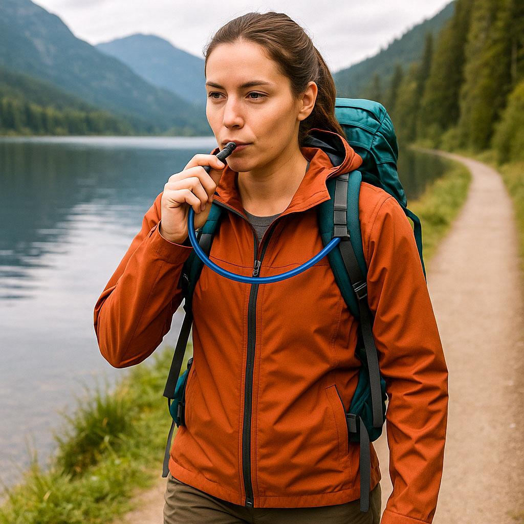 Hiker carrying water bottle outdoors
