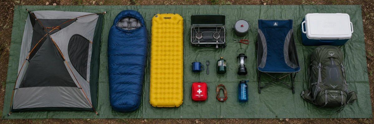 Organized camping gear layout