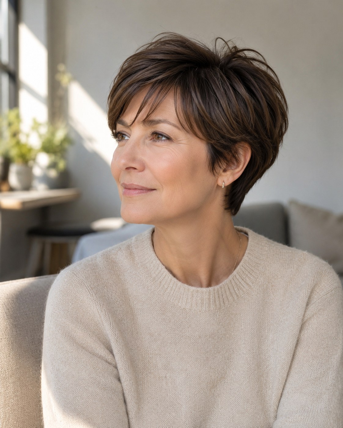 A soft, classic long pixie bob haircut with side-swept fringe, flattering on mature hair.