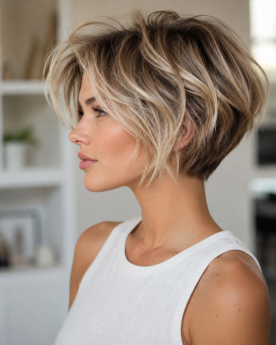 A beachy, textured long pixie bob haircut with blonde balayage and soft tousled waves.