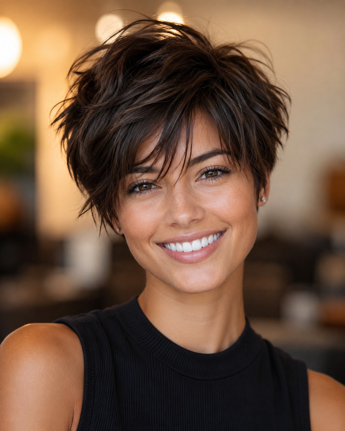 A tousled, shaggy long pixie bob haircut with wispy fringe and lived-in texture on brunette hair.