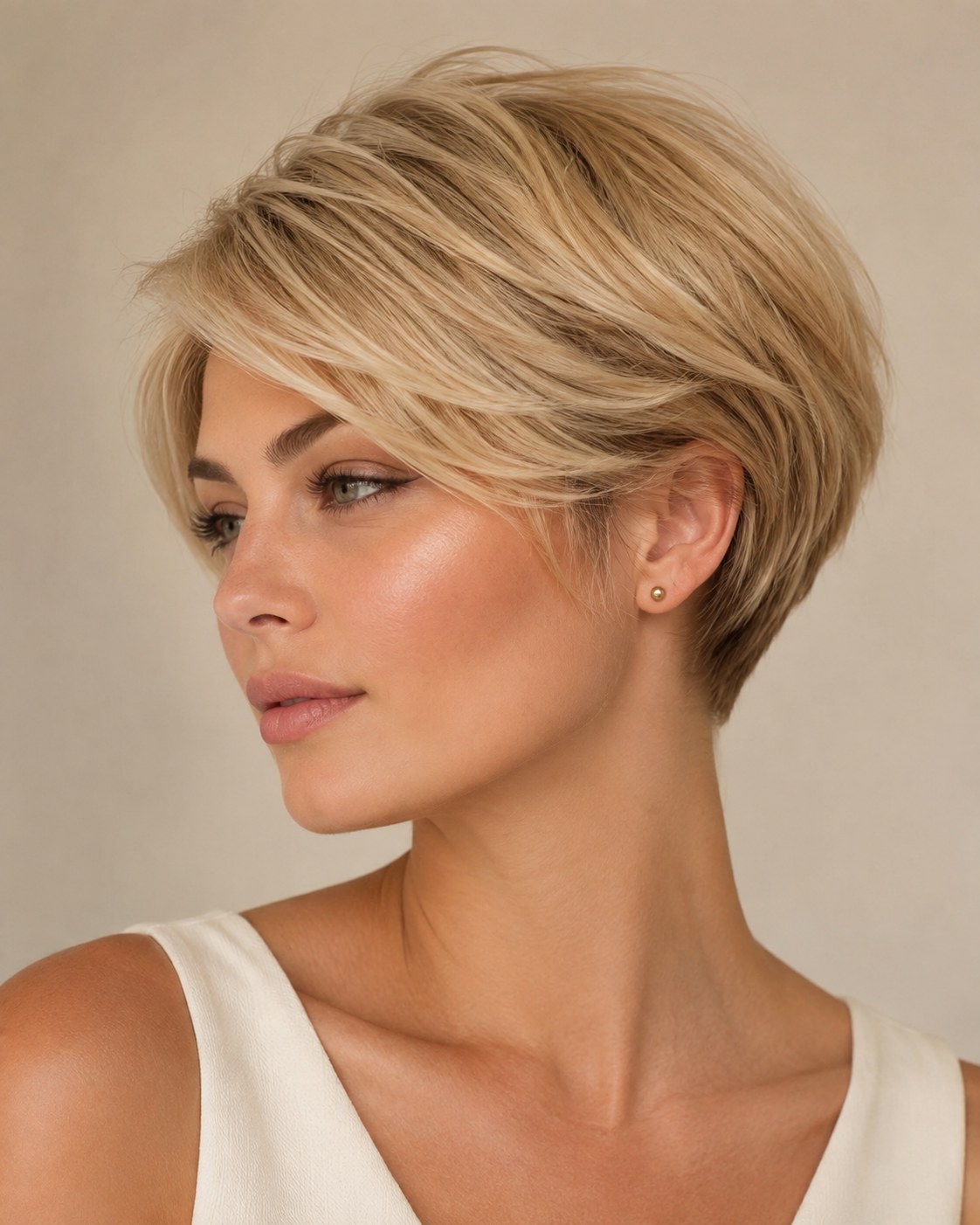 A sleek blonde long pixie bob haircut styled with a glossy blowout and side-swept bangs.