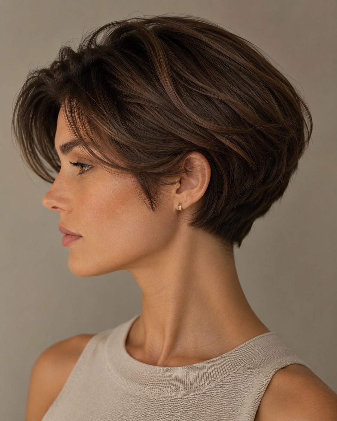 Side profile of a long pixie bob haircut with a deep side part and caramel-toned face-framing layers.