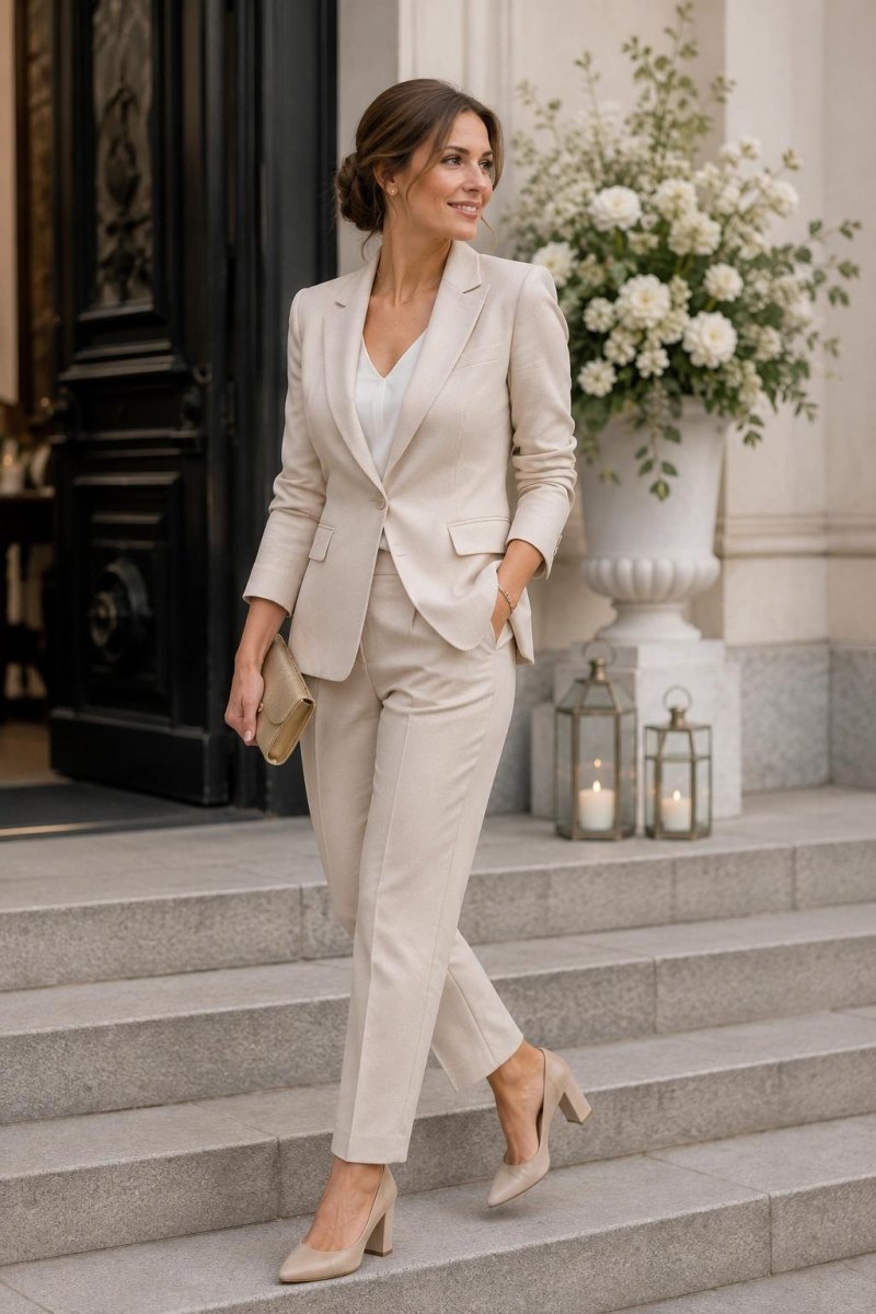 Wedding guest trouser suit with low pumps